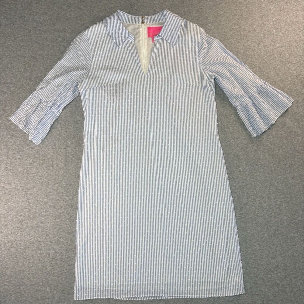 Lilly Pulitzer Ginger Dress Blue/White Stripe Clip Dot Bell Sleeve S4‎ Coastal